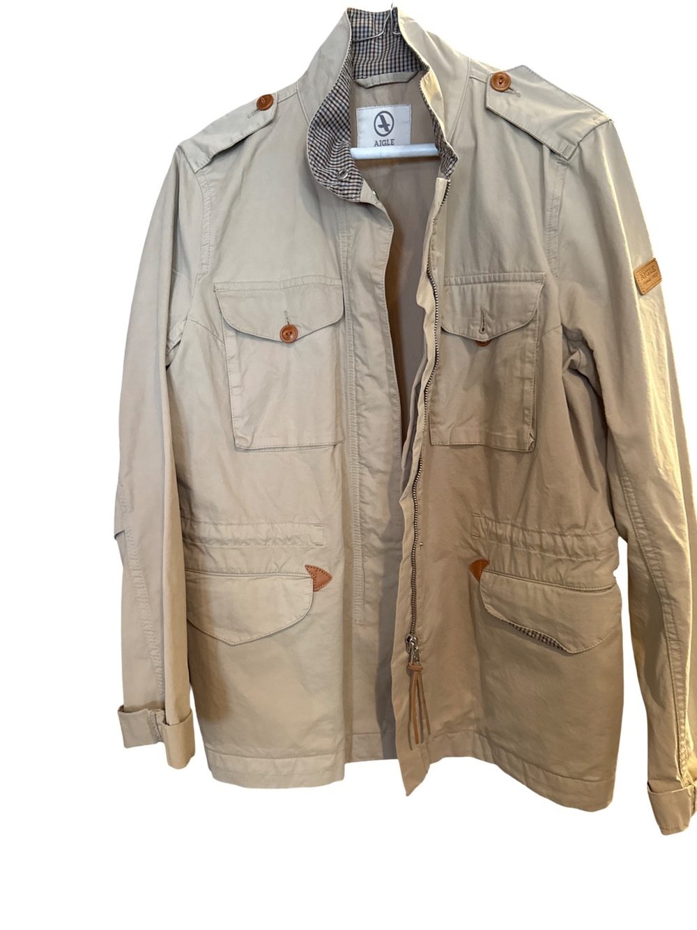 Women’s French brand Aigle Utility safari jacket size 8, Khaki tan color